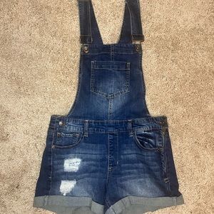 Dollhouse distressed dark wash overall shorts